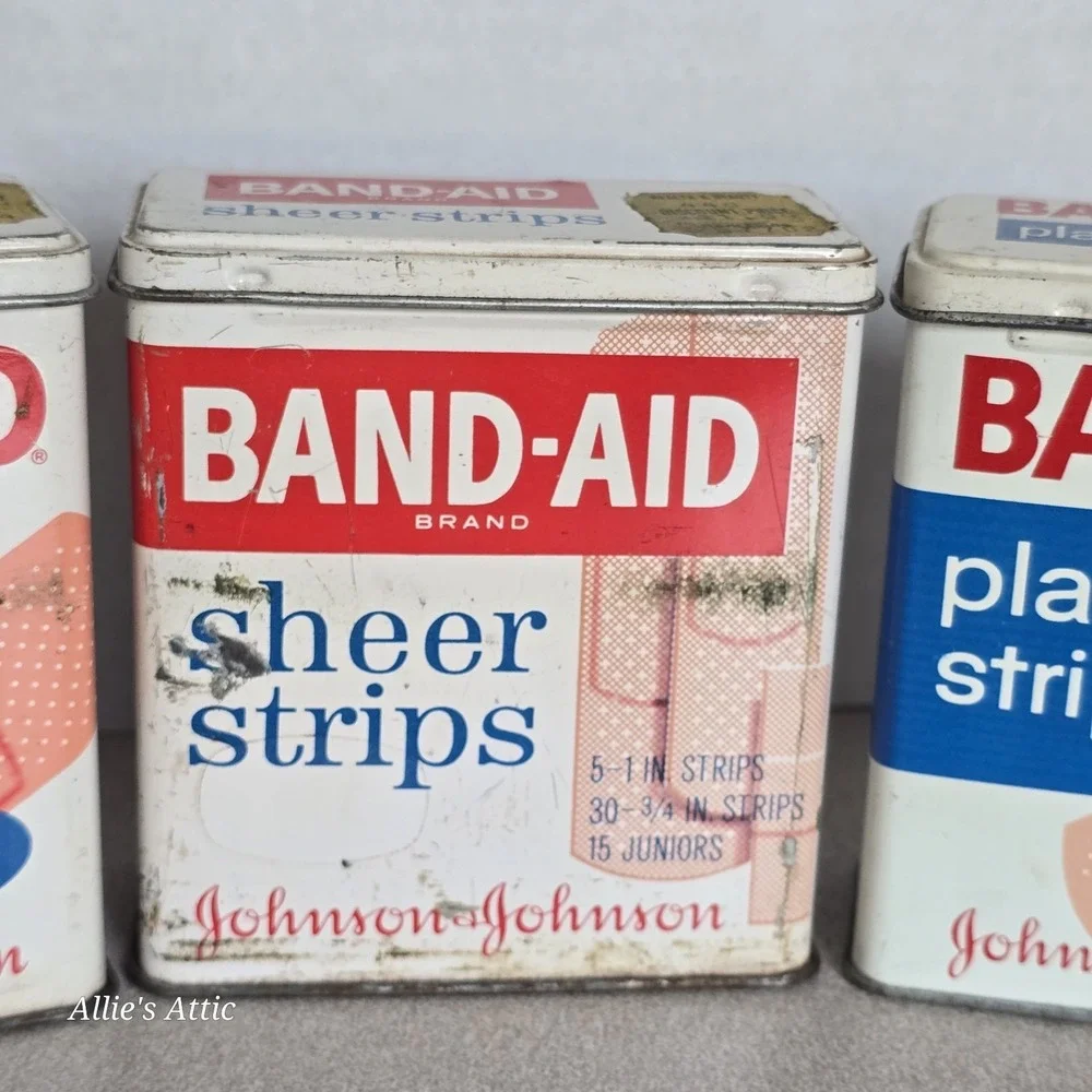 3 Band-Aid Tins Vintage Metal Lid Bathroom Display Cabinet‎ Decor Pharmaceutical
